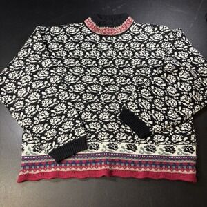 Vtg OSSI Skiwear Sweater Womens L Acrylic/Wool Geometric Black White Chunky Knit
